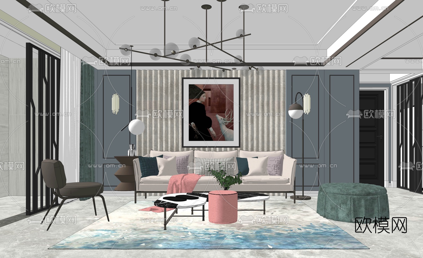 北欧客厅餐厅su模型下载（渲染图1）