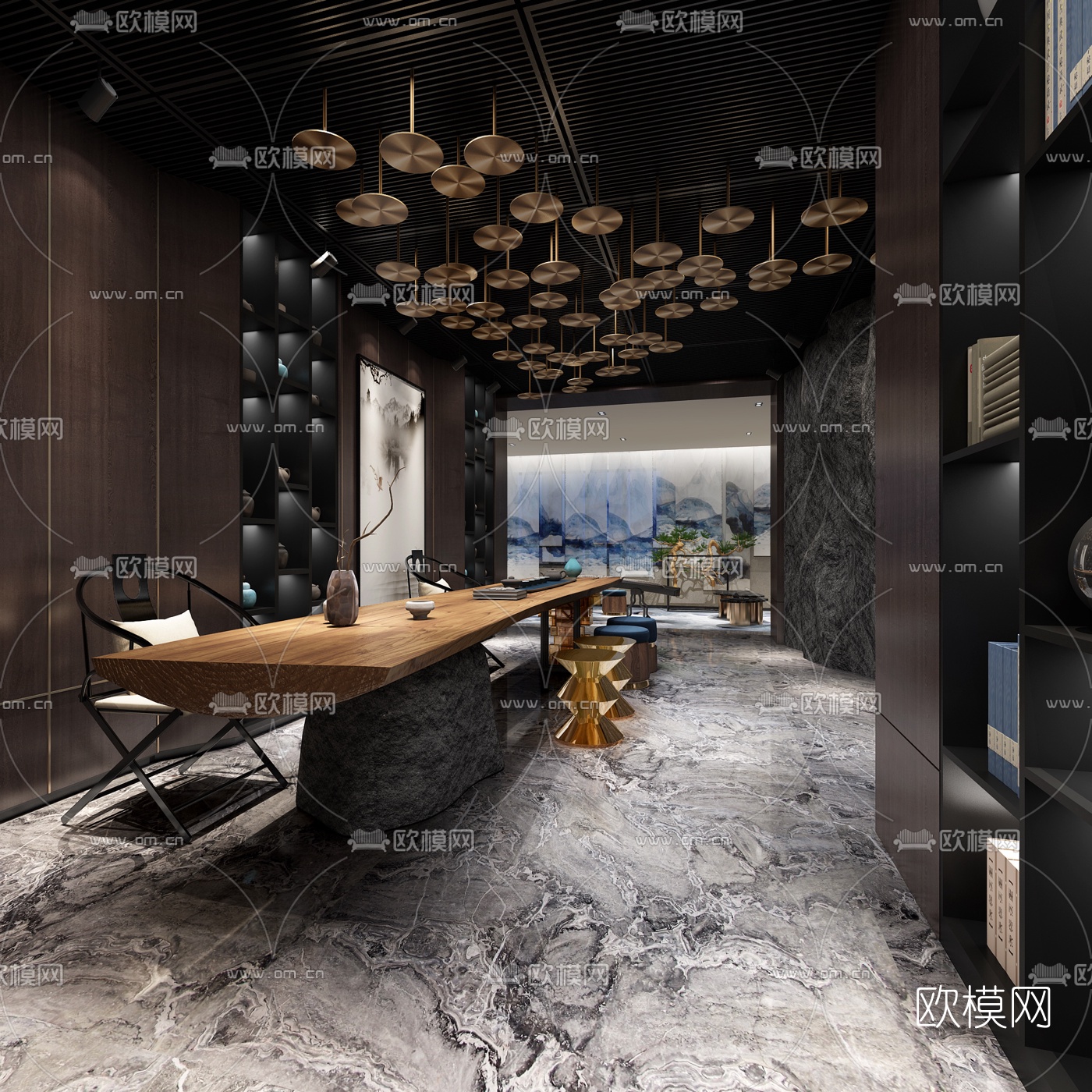 新中式会所茶室招待室过道3D模型下载（渲染图1）