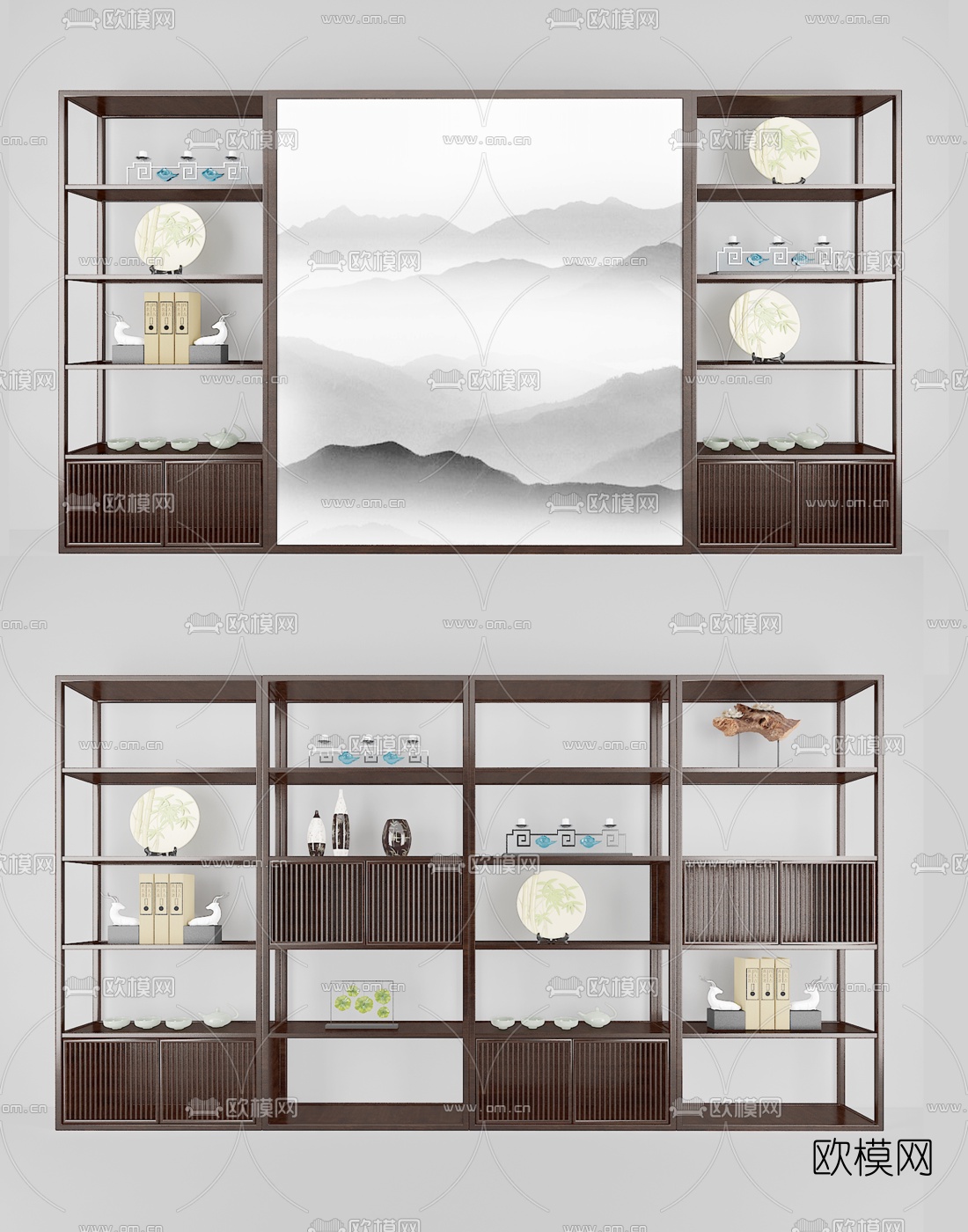 中式装饰柜摆件组合3d模型下载（渲染图1）