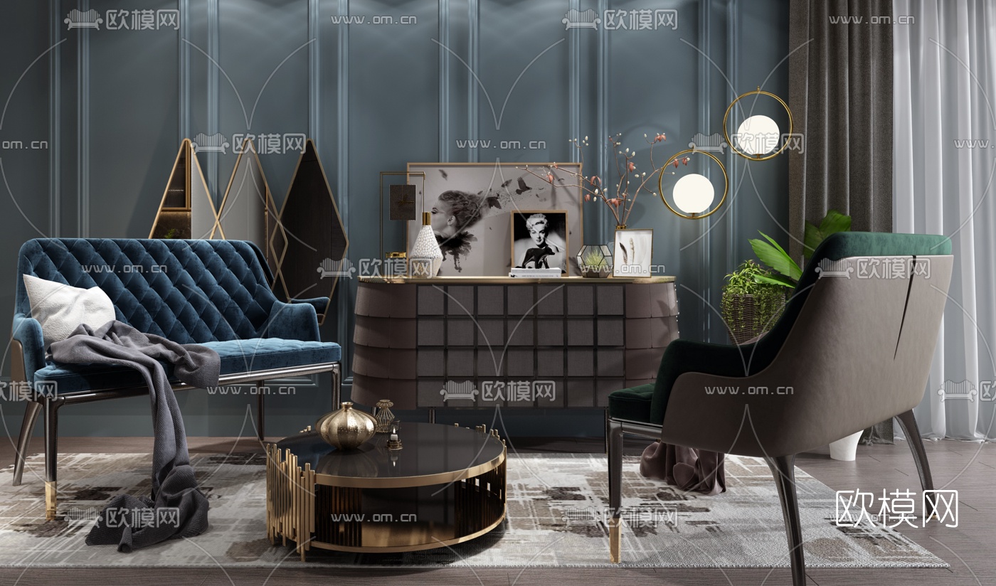 后现代休闲沙发茶几摆件3d模型下载（渲染图1）