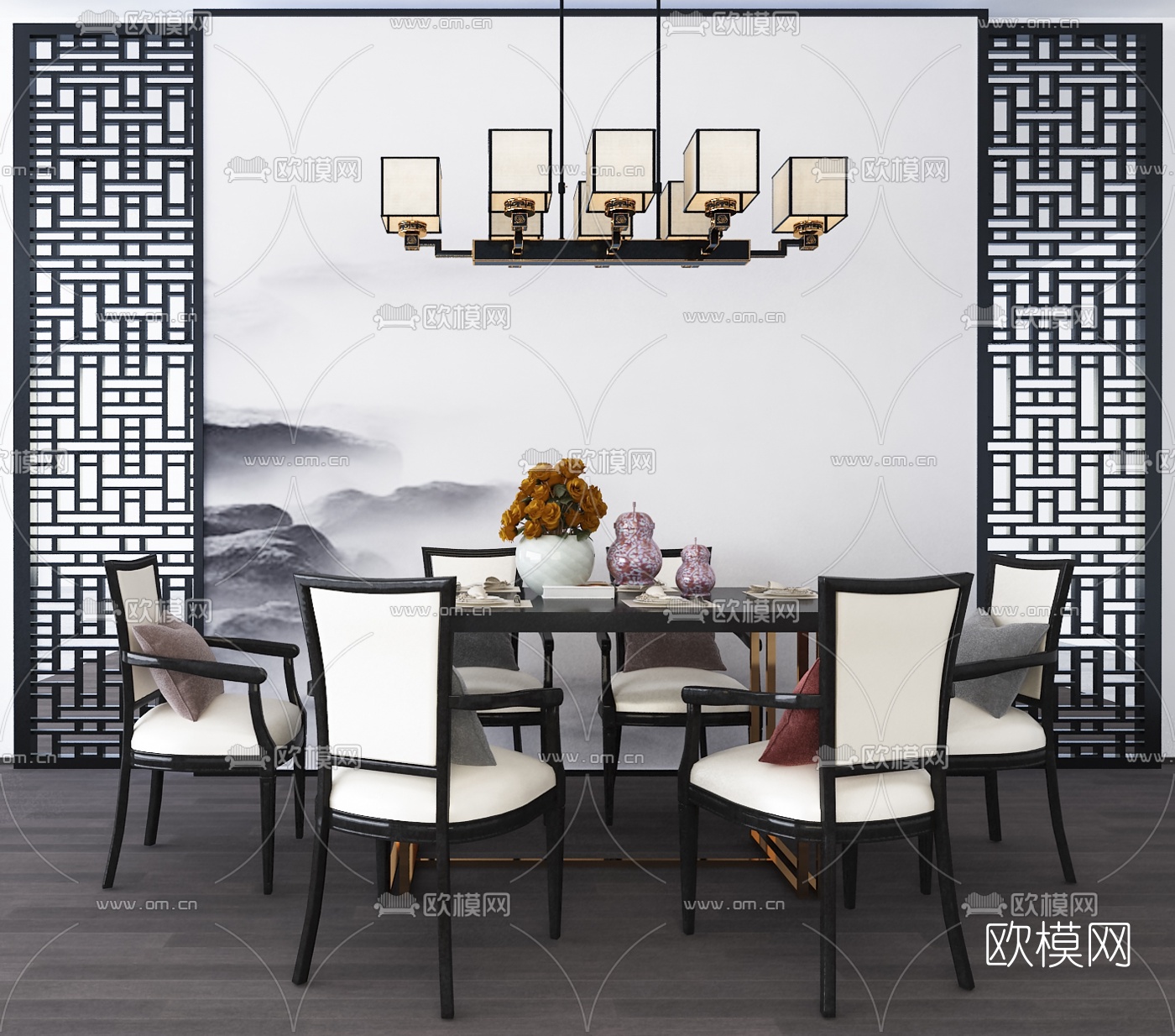 新中式长形餐桌椅3d模型