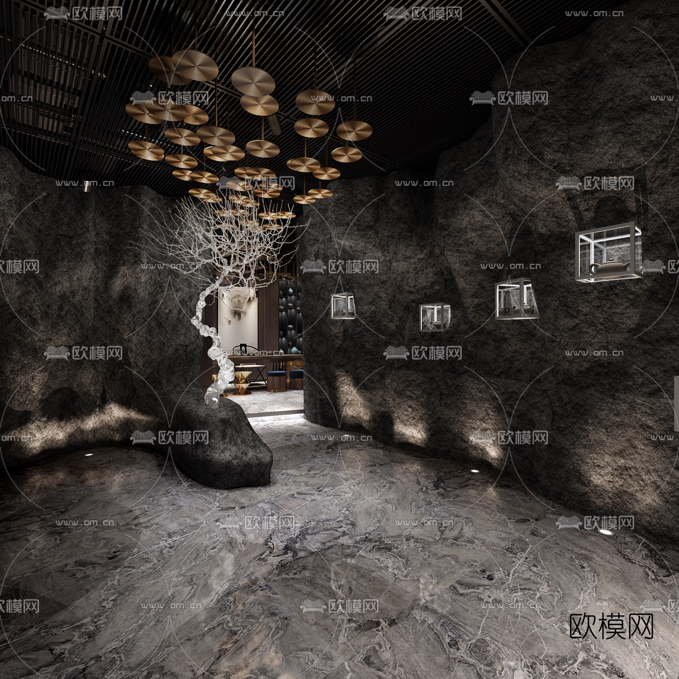 新中式会所茶室招待室过道3D模型下载（渲染图3）