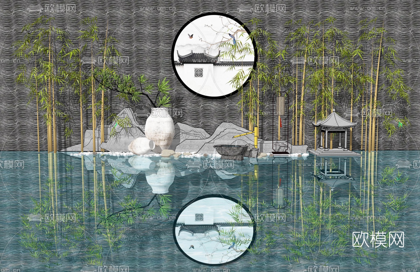 新中式竹子水景小品su模型下载（渲染图1）