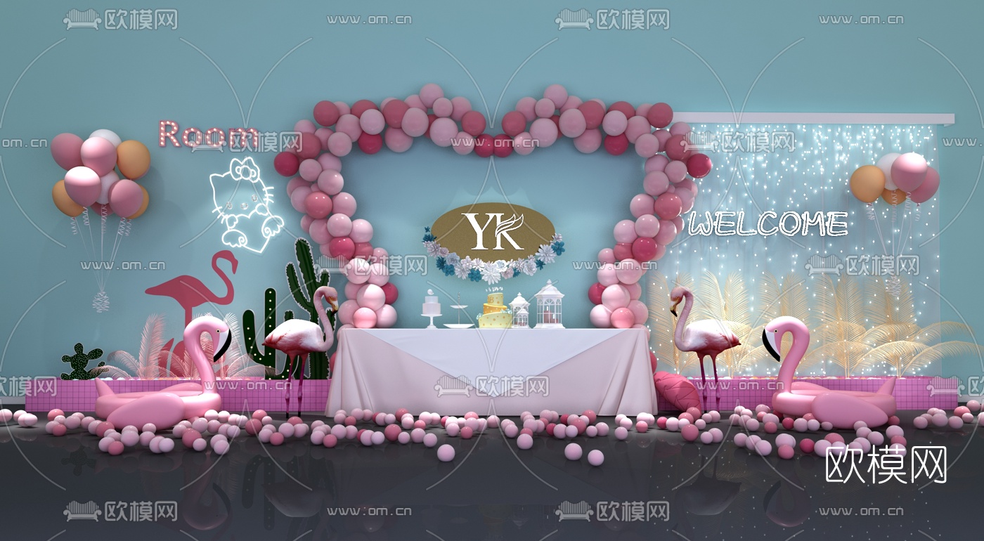 现代粉色网红婚庆背景墙饰3d模型