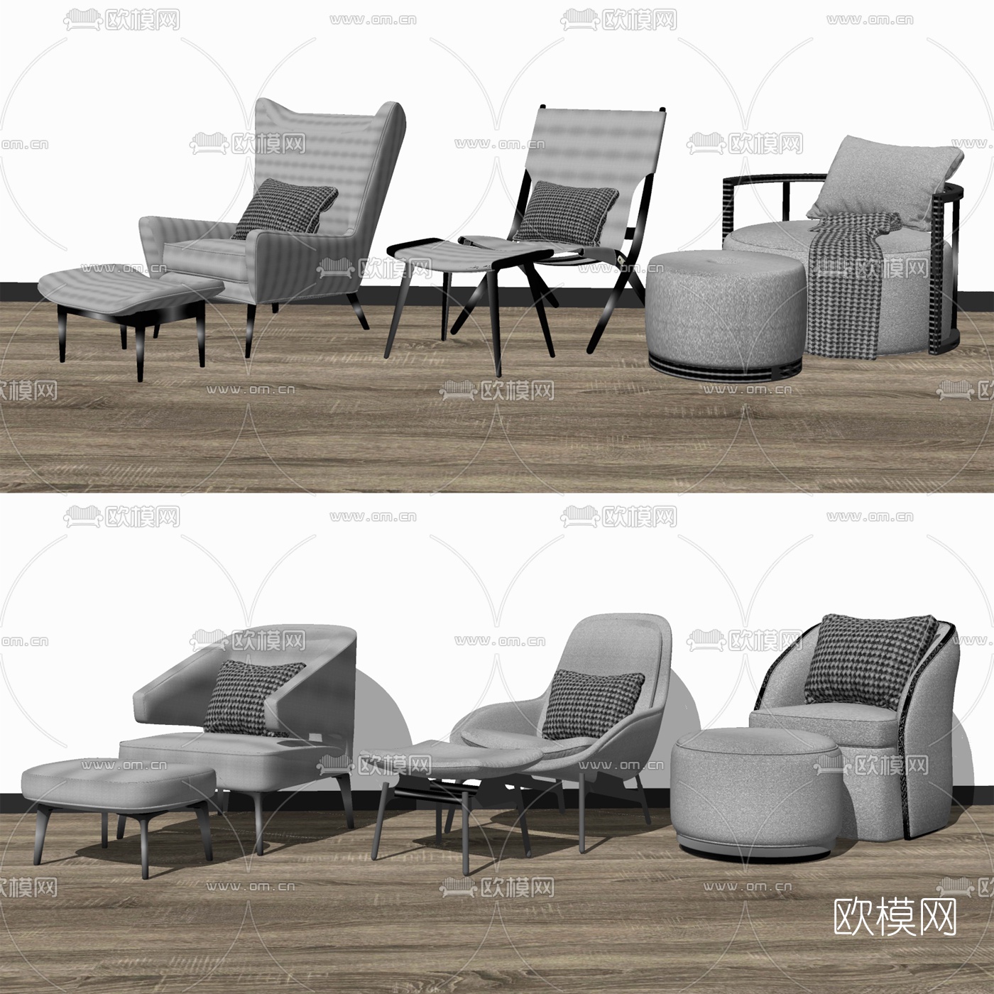 现代布艺单人沙发组合su模型下载