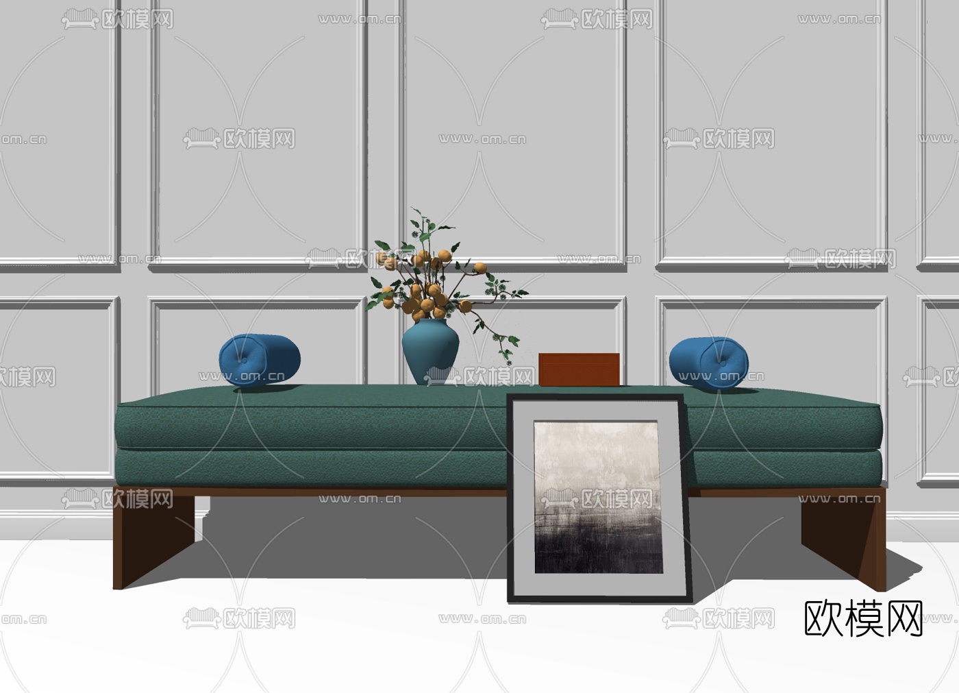 新中式皮革床尾凳脚踏su模型下载