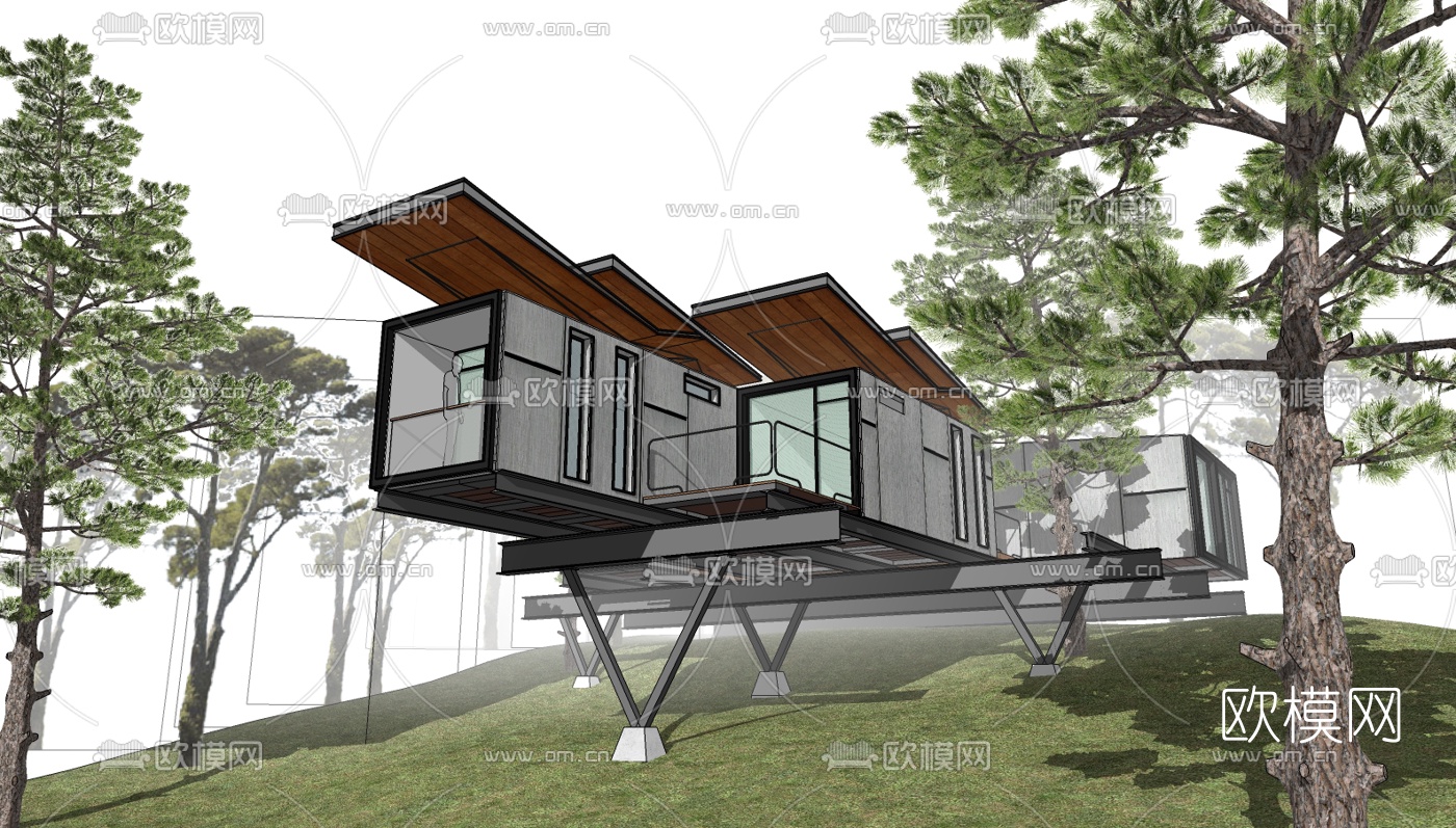 现代悬挑式独栋别墅su模型下载（渲染图2）
