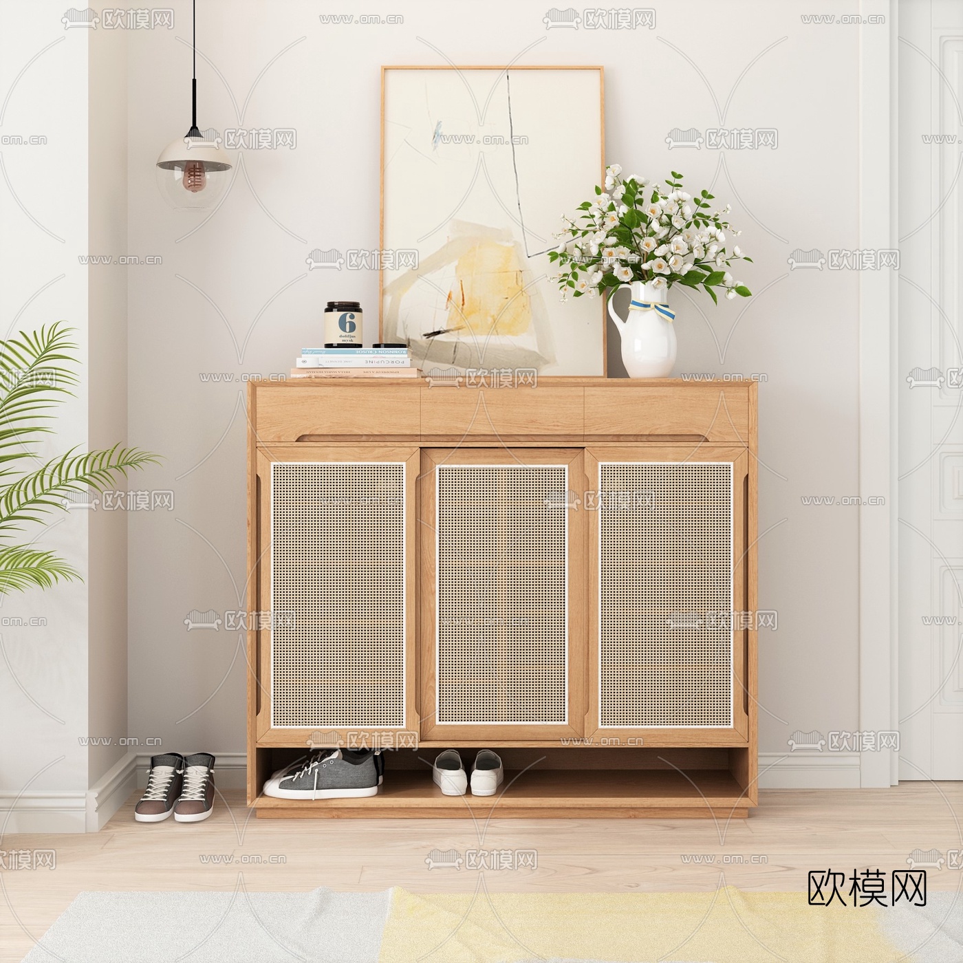 北欧实木藤编鞋柜3d模型下载（渲染图1）