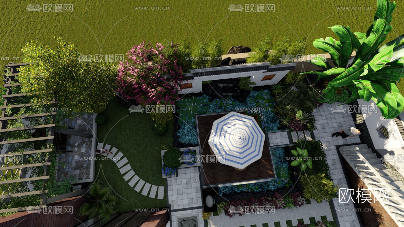 新中式庭院花园设计su模型下载（渲染图3）