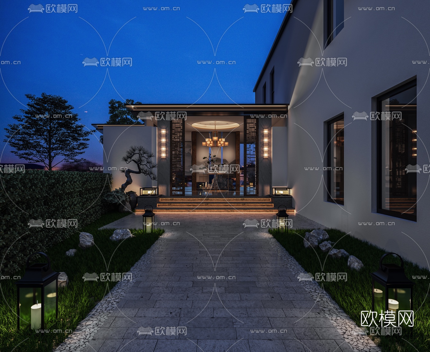 新中式庭院夜景3d模型下载_ID10111465_3dmax免费模型-欧模网