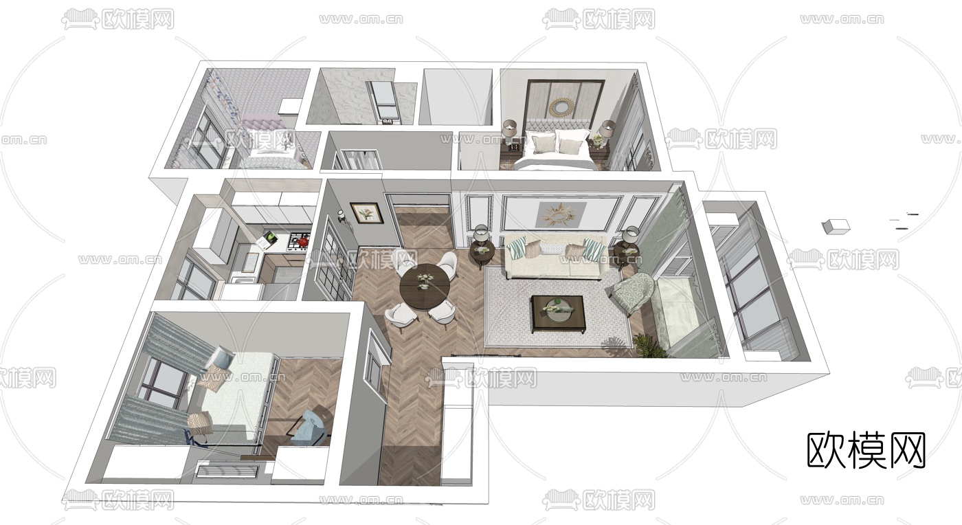 美式客餐厅su模型下载（渲染图1）
