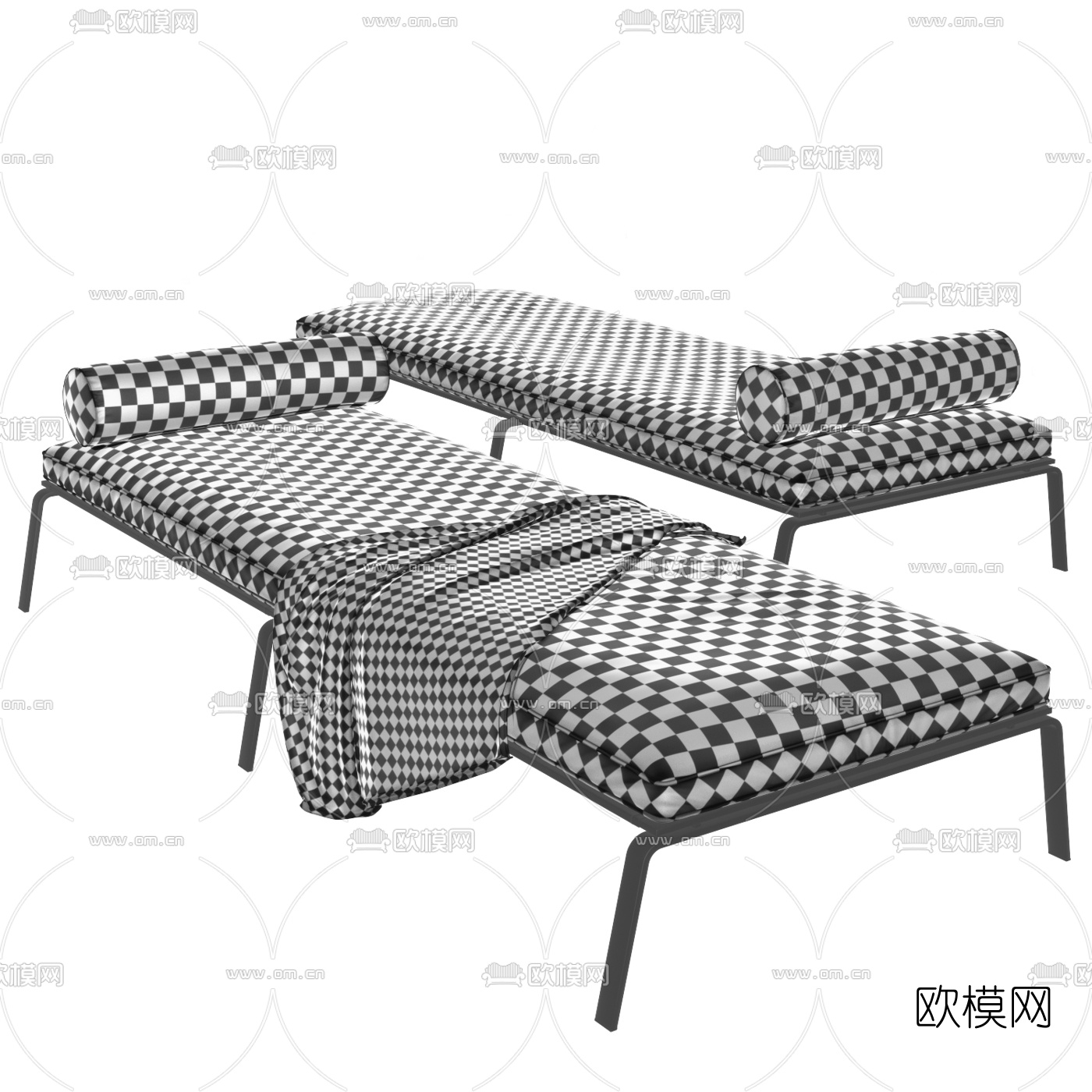 现代金属皮革脚踏床尾凳3d模型下载（渲染图2）