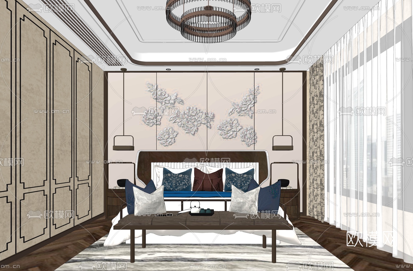 新中式布艺双人床su模型下载