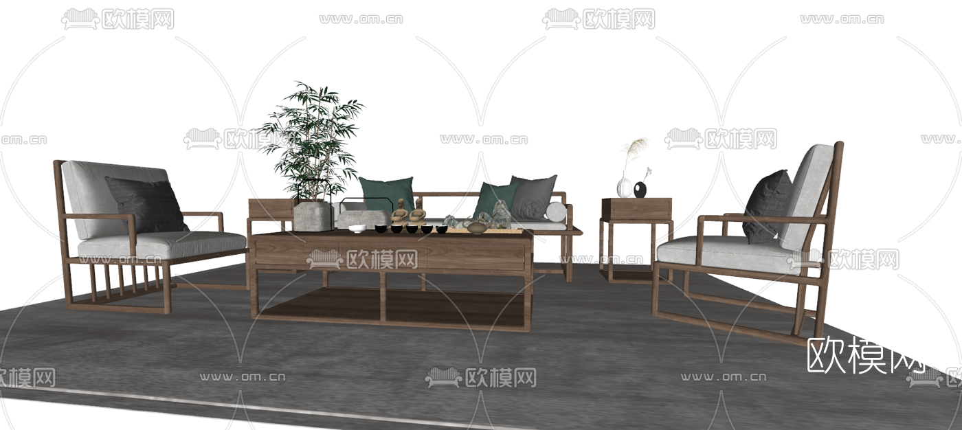 新中式布艺沙发组合su模型下载（渲染图2）
