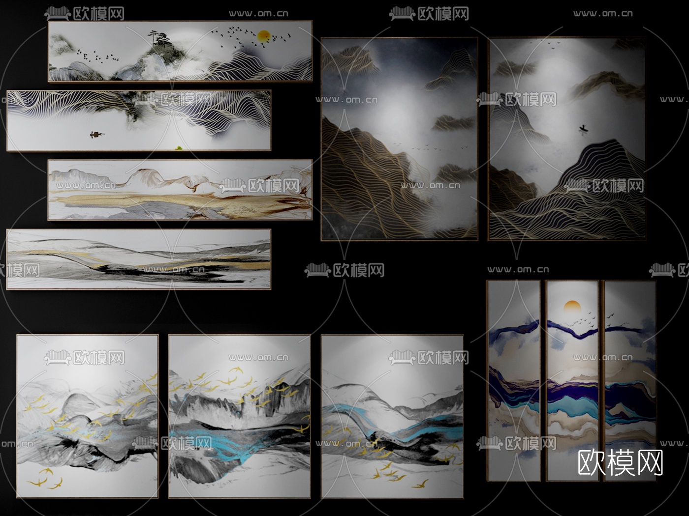 中式手绘山水装饰画组合3D模型