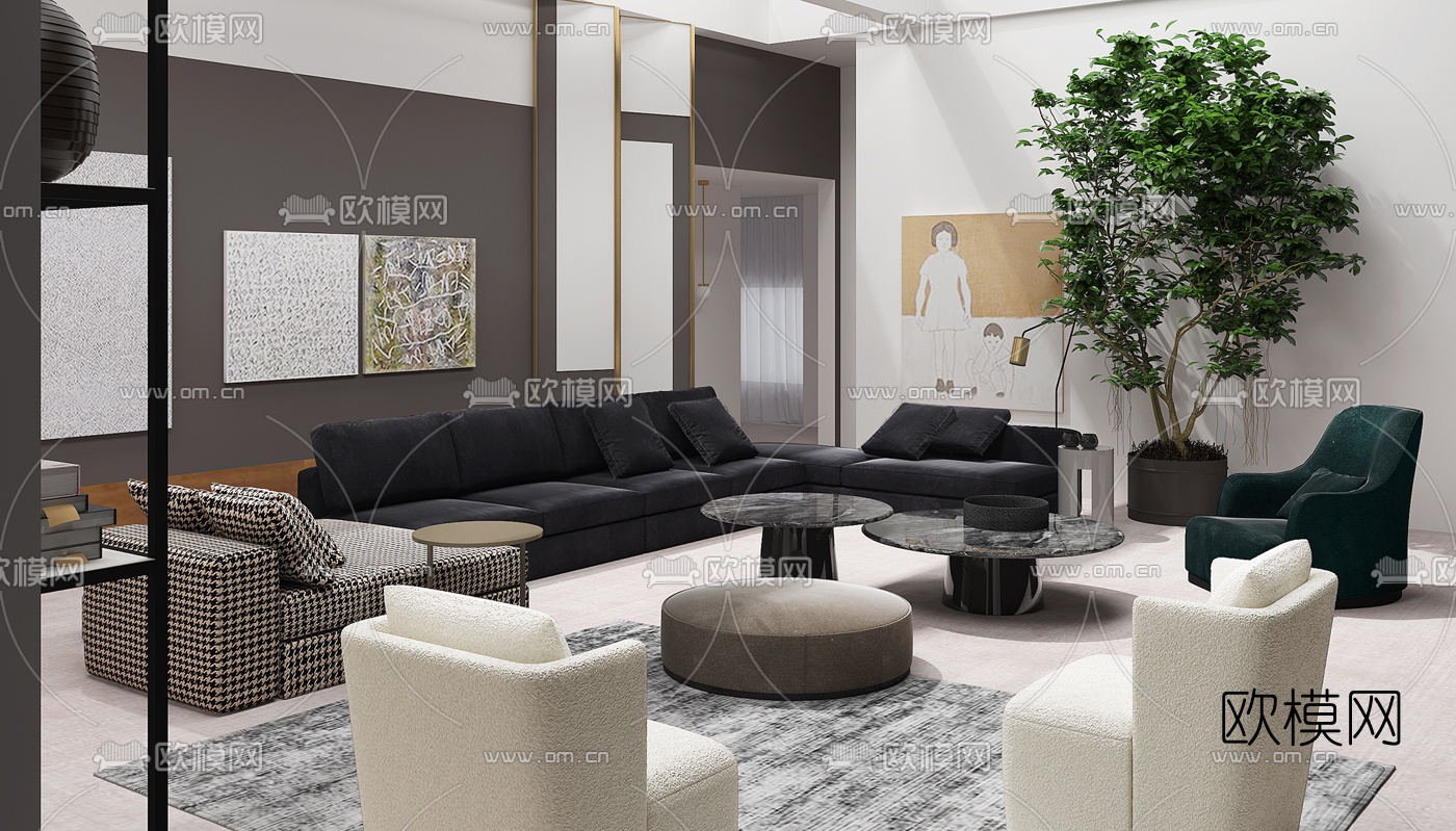 意大利Meridiani品牌 现代客厅沙发茶几组合3D模型下载