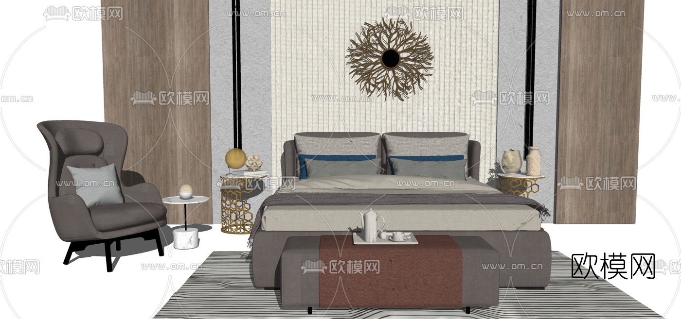 现代布艺双人床su模型下载（渲染图1）