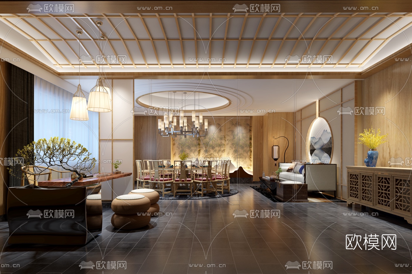 新中式餐厅包房3d模型-免费3dmax模型库-欧模网