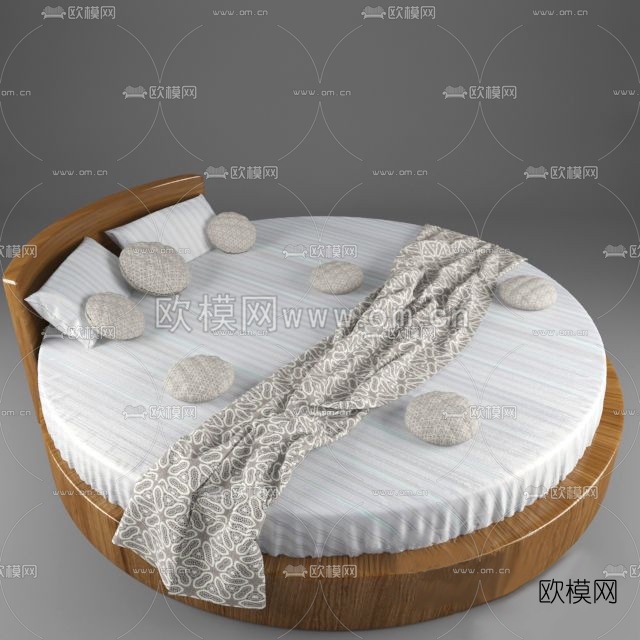 现代实木布艺圆形双人床3D模型免费下载