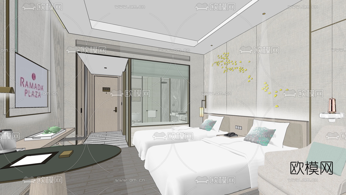 北欧酒店双人房su模型下载（渲染图2）