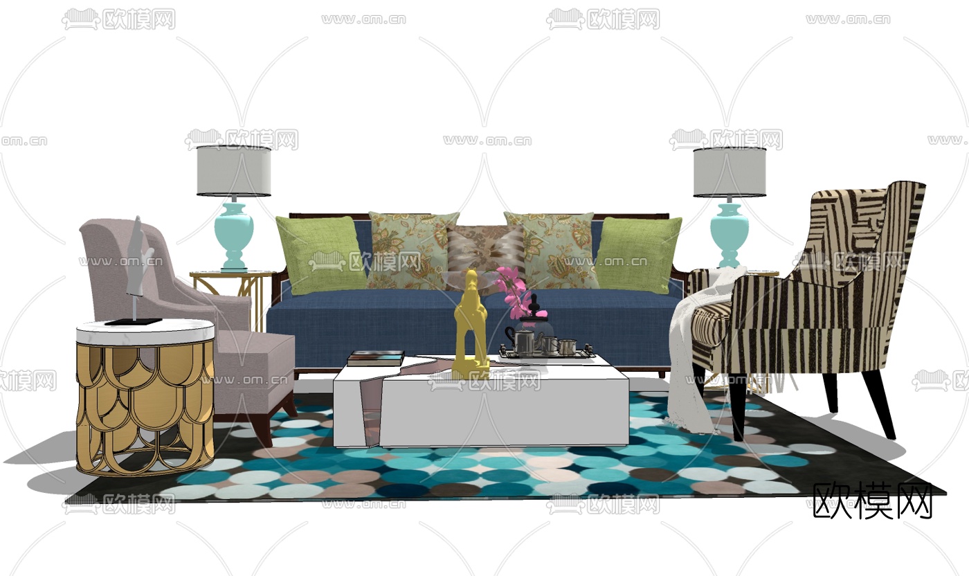 美式沙发组合su模型下载（渲染图2）