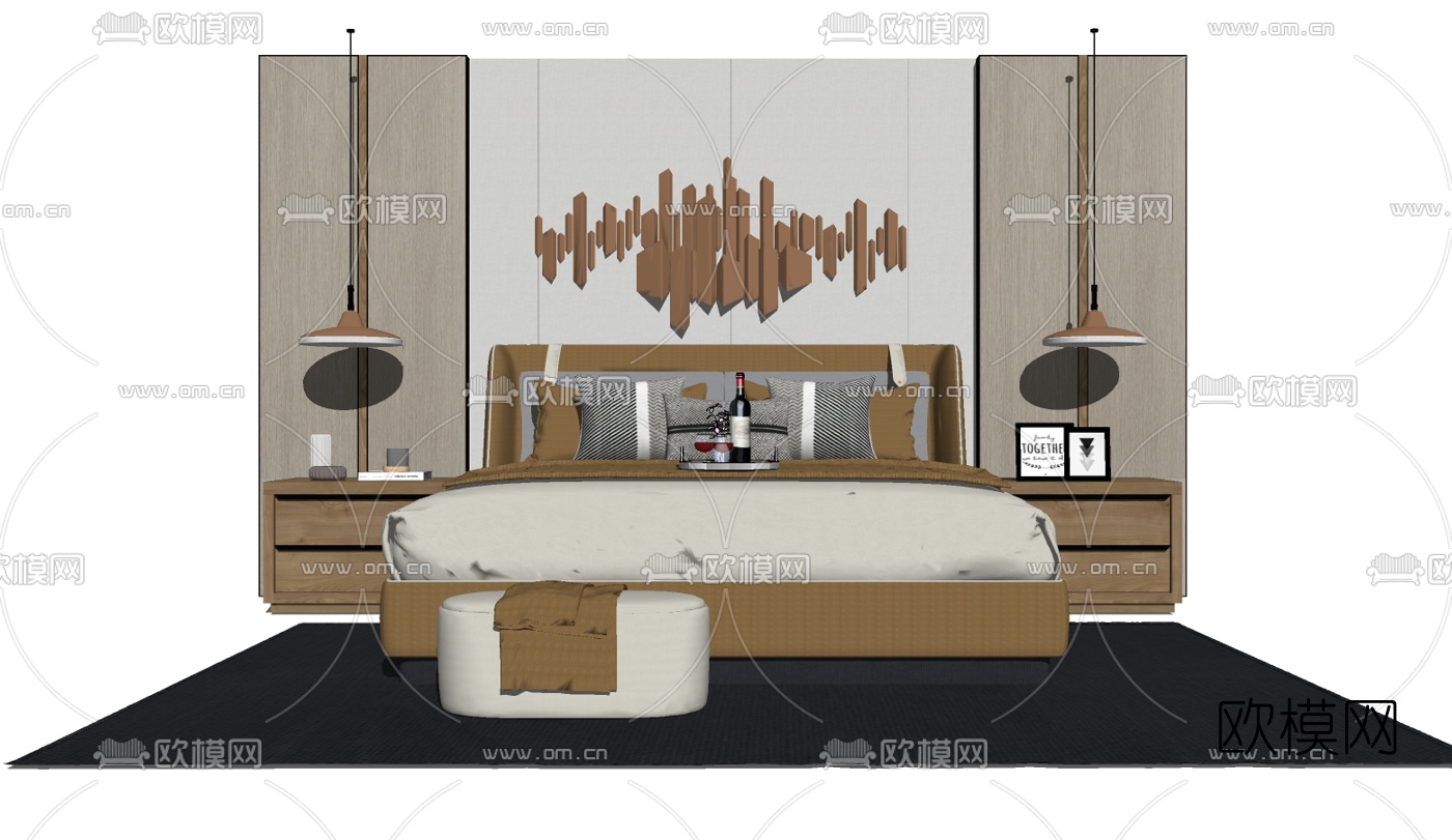 现代双人床组合su模型下载（渲染图2）