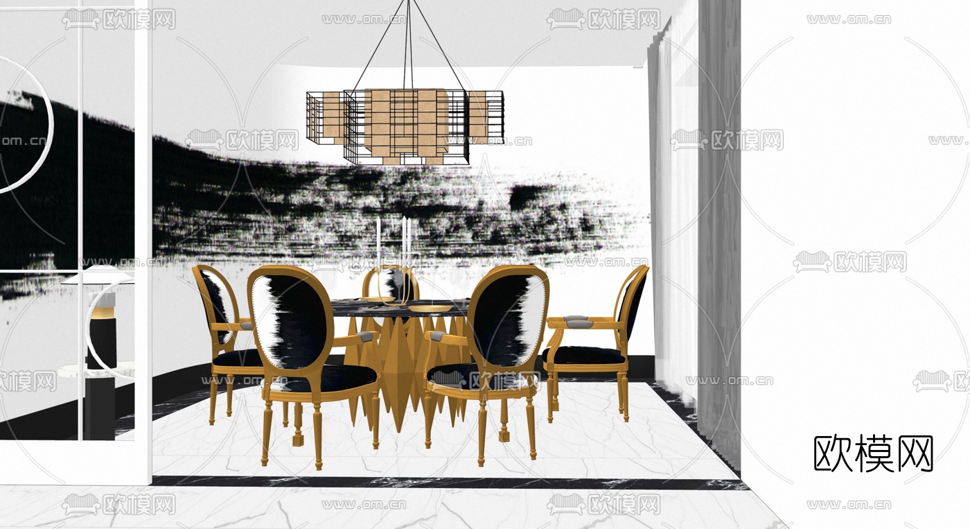 欧式餐桌椅组合su模型下载（渲染图1）