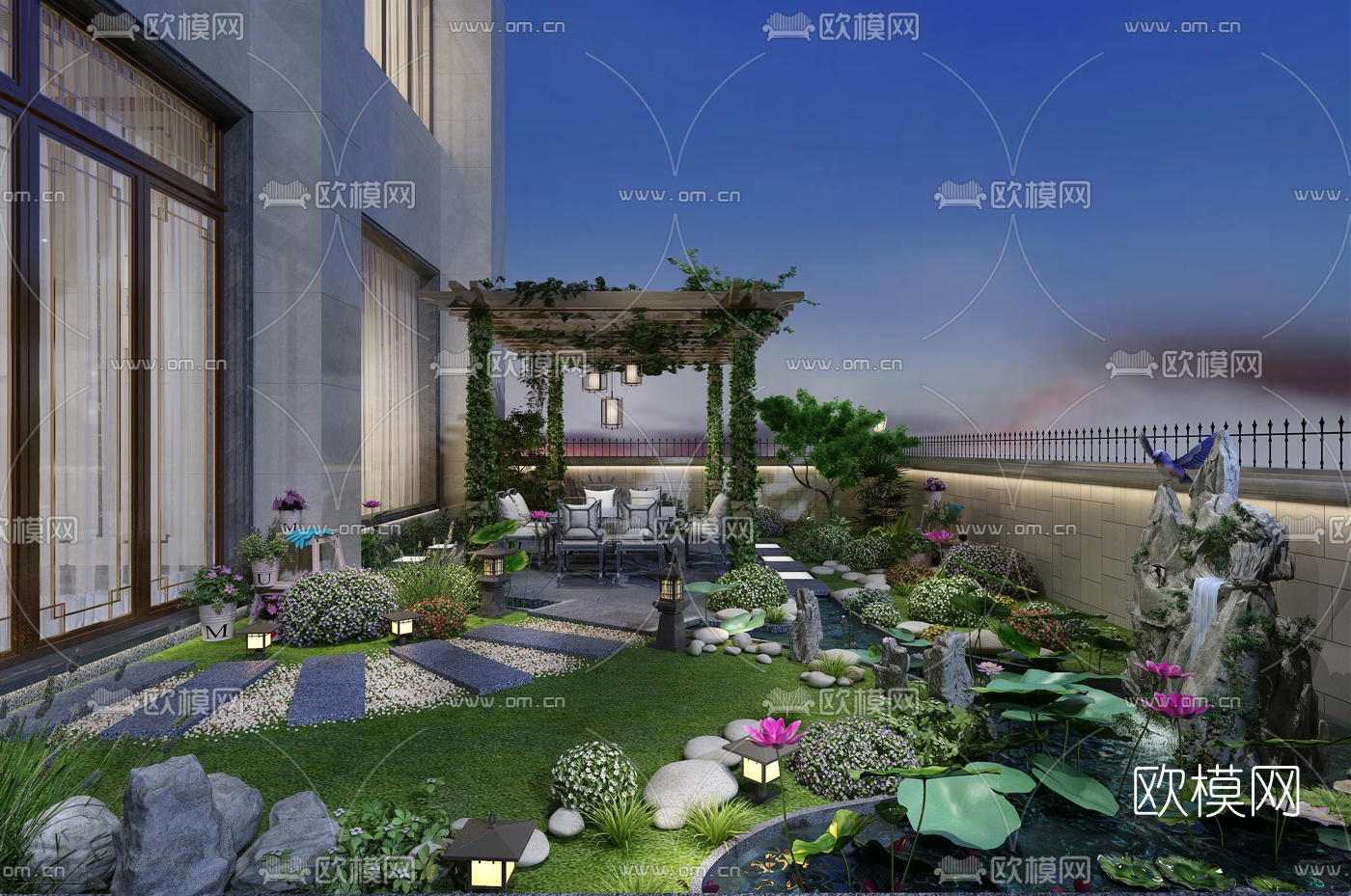 新中式别墅庭院3d模型