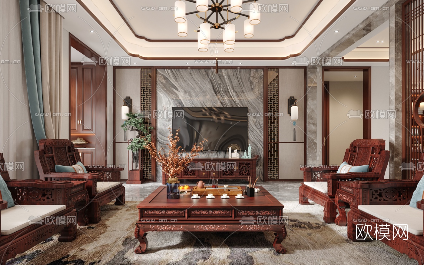 中式客厅餐厅3d模型下载（渲染图2）