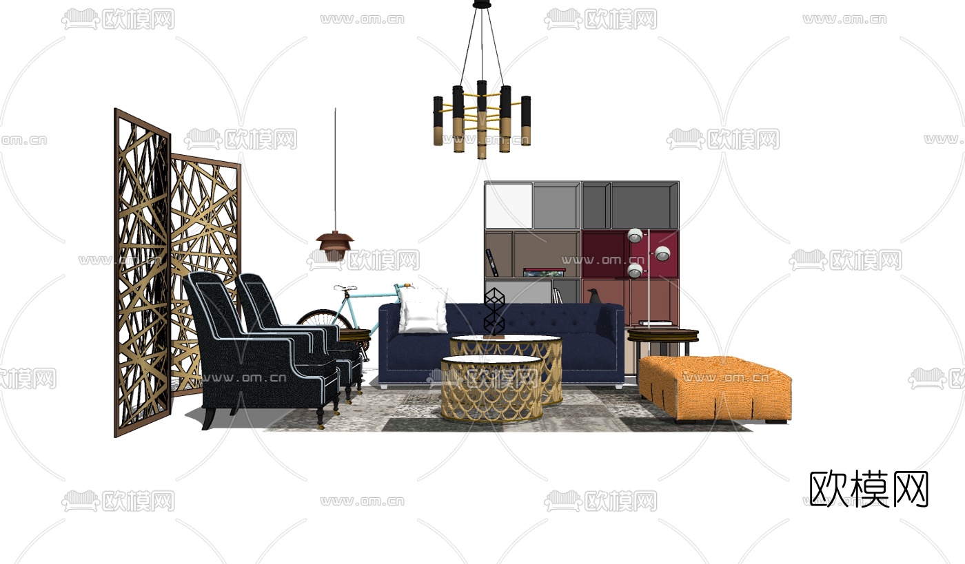 法式沙发组合su模型下载（渲染图1）
