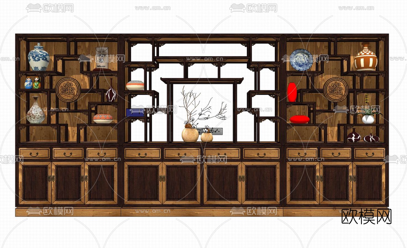 中式博古架装饰柜su模型下载（渲染图1）
