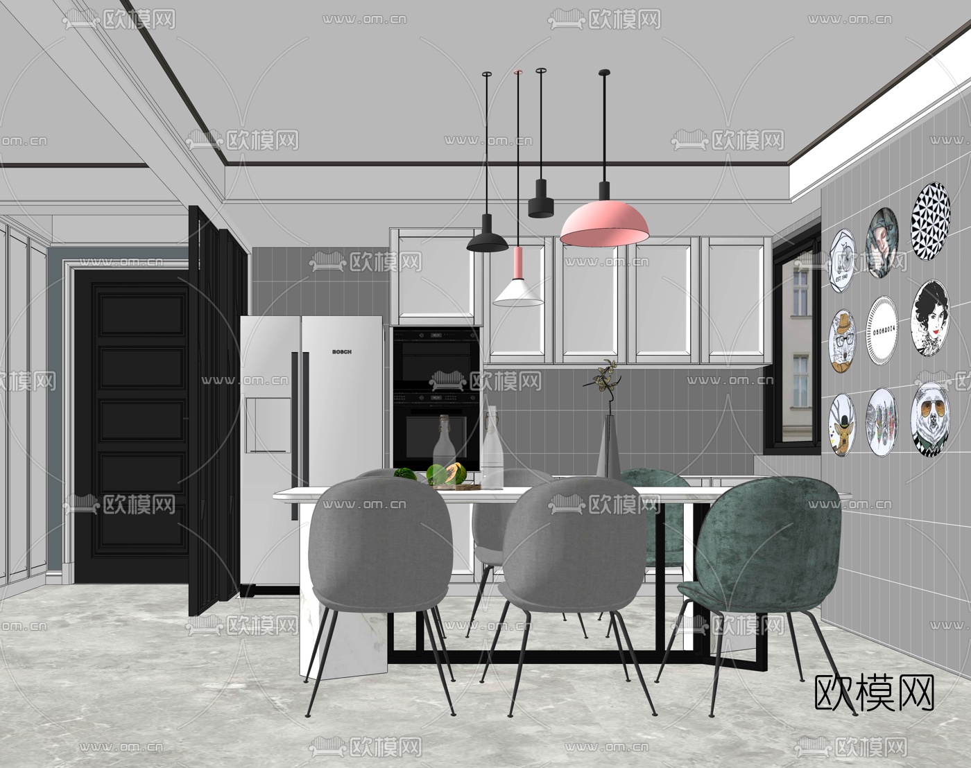 北欧客厅餐厅su模型下载（渲染图2）