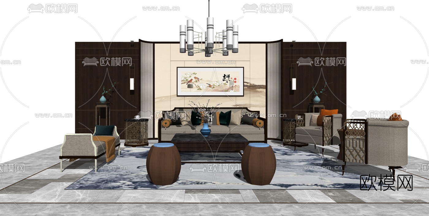 新中式轻奢沙发组合su模型下载（渲染图3）