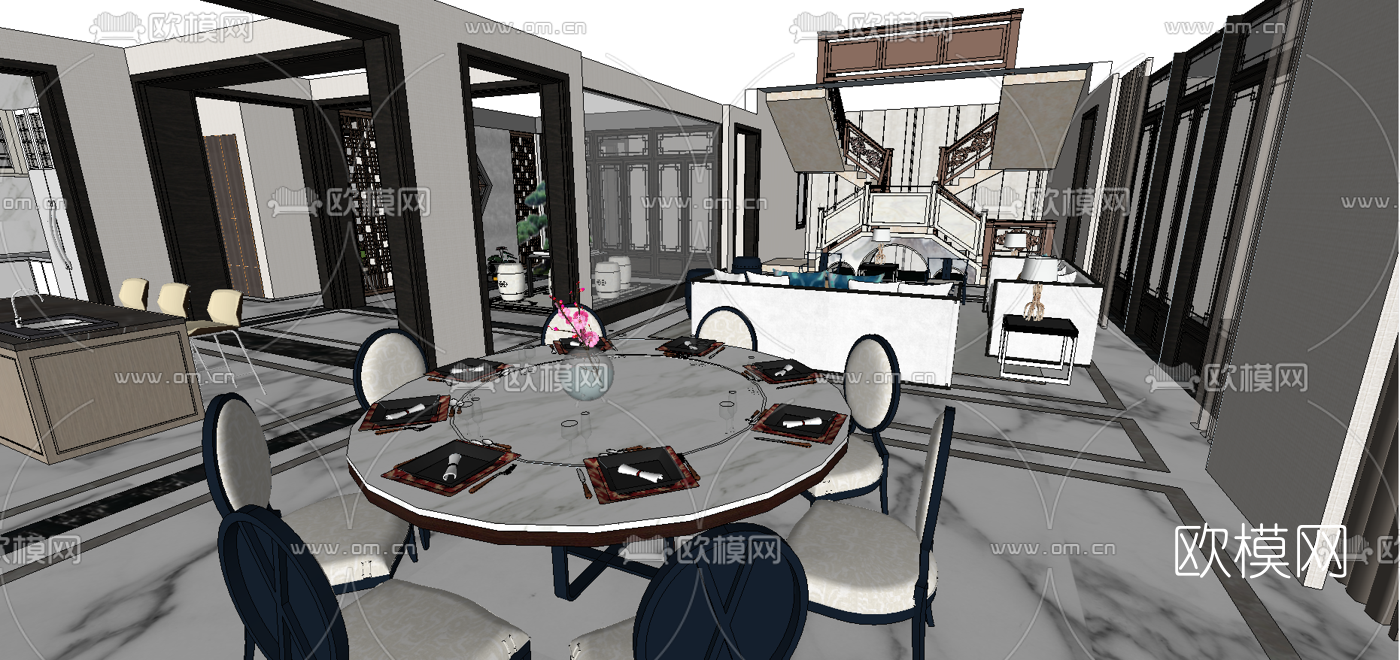 新中式别墅大堂餐厅su模型下载（渲染图4）