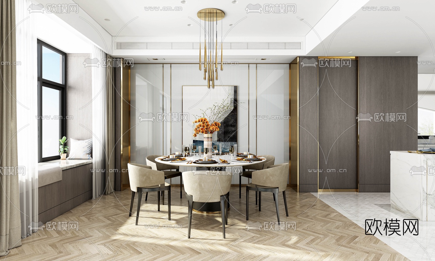 后现代客厅餐厅3D模型下载（渲染图1）