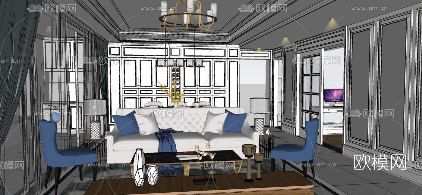 美式轻奢客餐厅su模型下载（渲染图4）