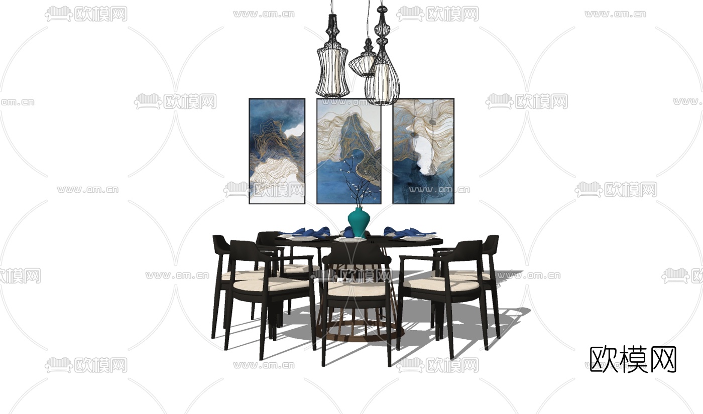 中式实木圆形餐桌椅组合su模型下载（渲染图1）