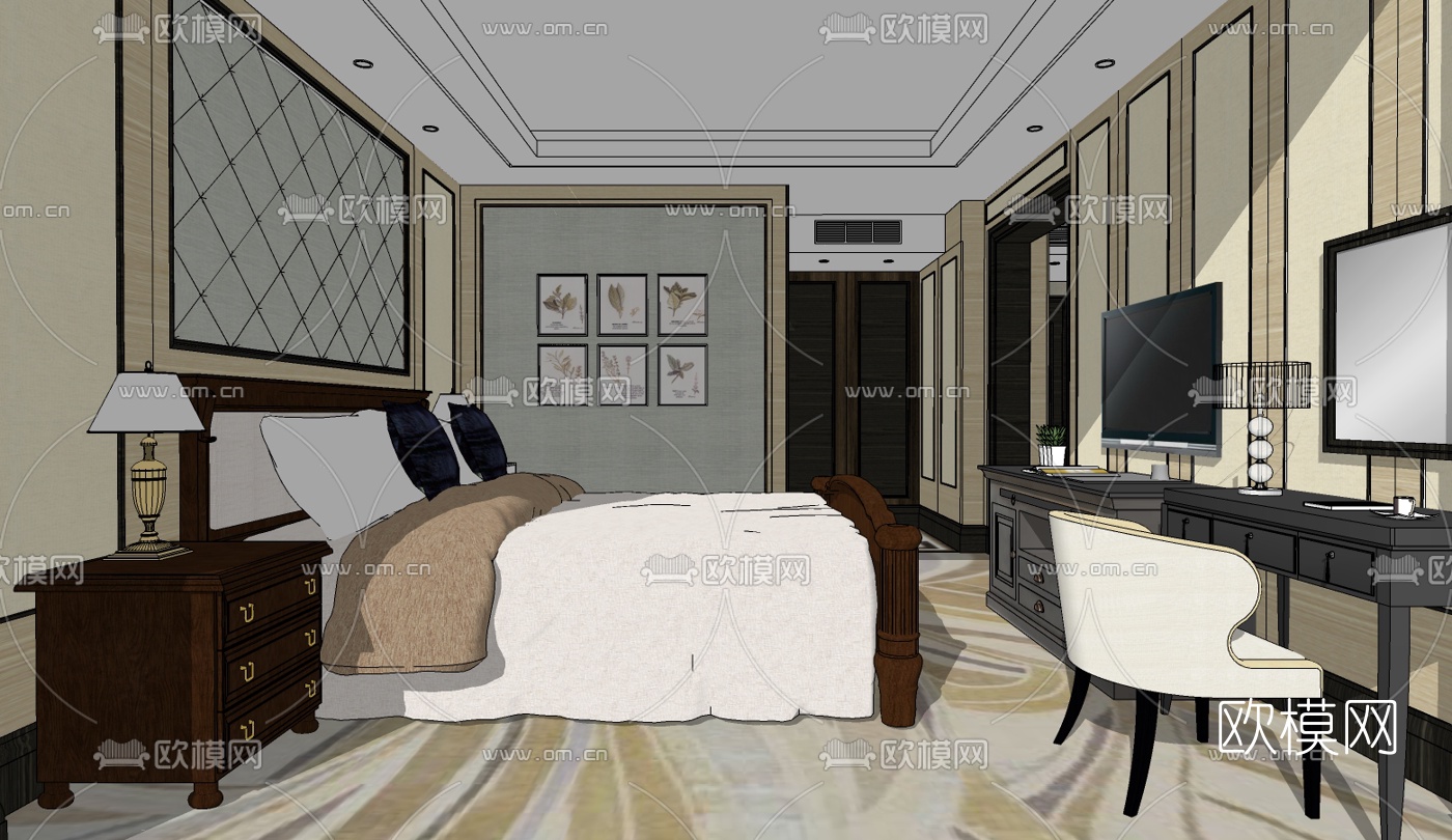 欧式酒店客房免费su模型下载（渲染图2）