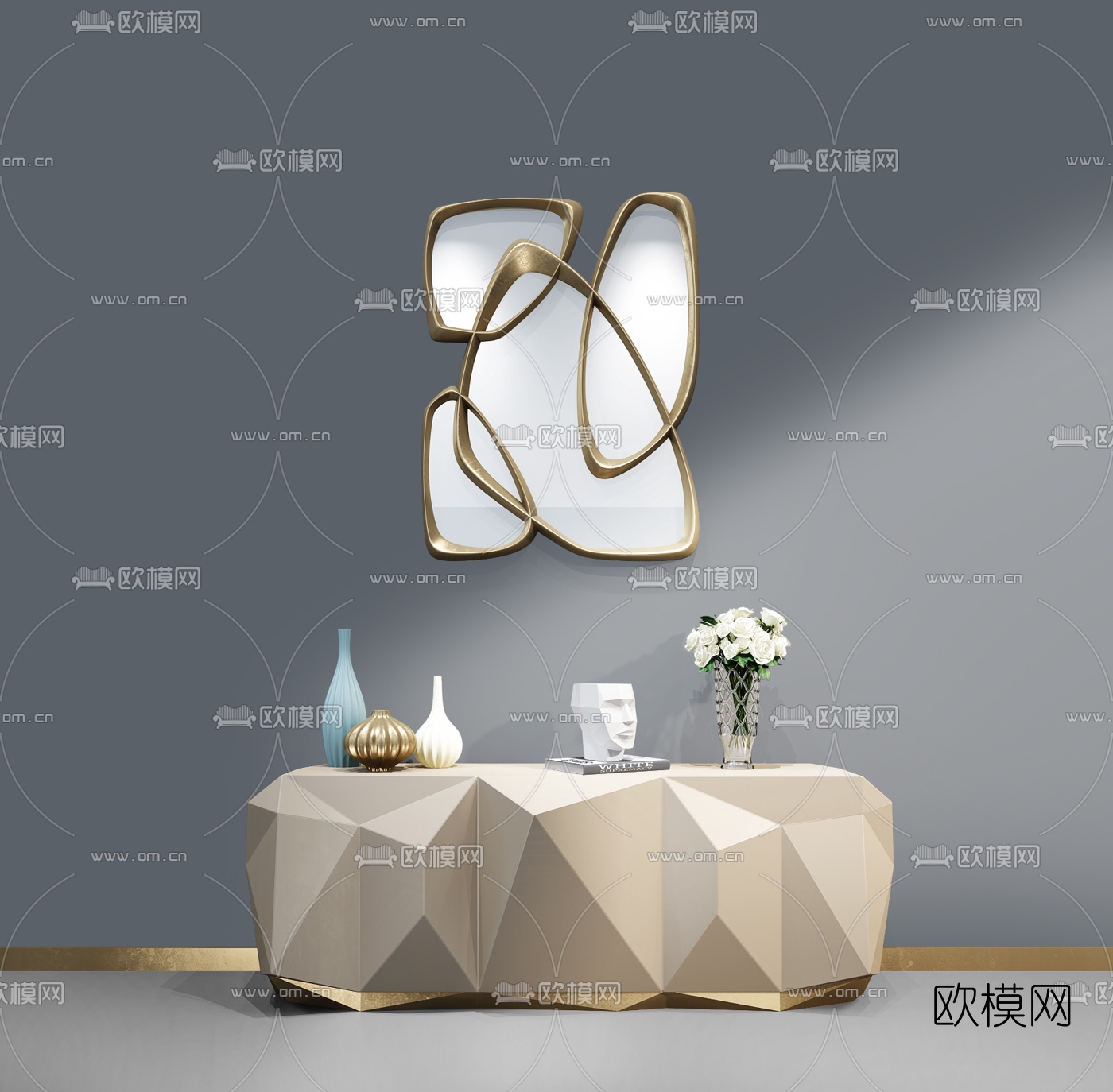 后现代边柜装饰镜摆件组合3D模型下载（渲染图1）