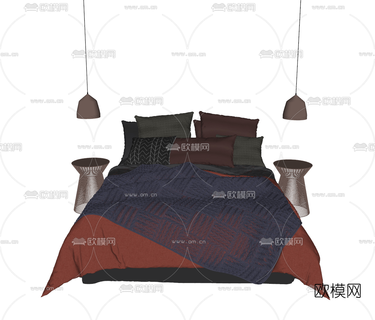 现代布艺双人床su模型下载（渲染图2）