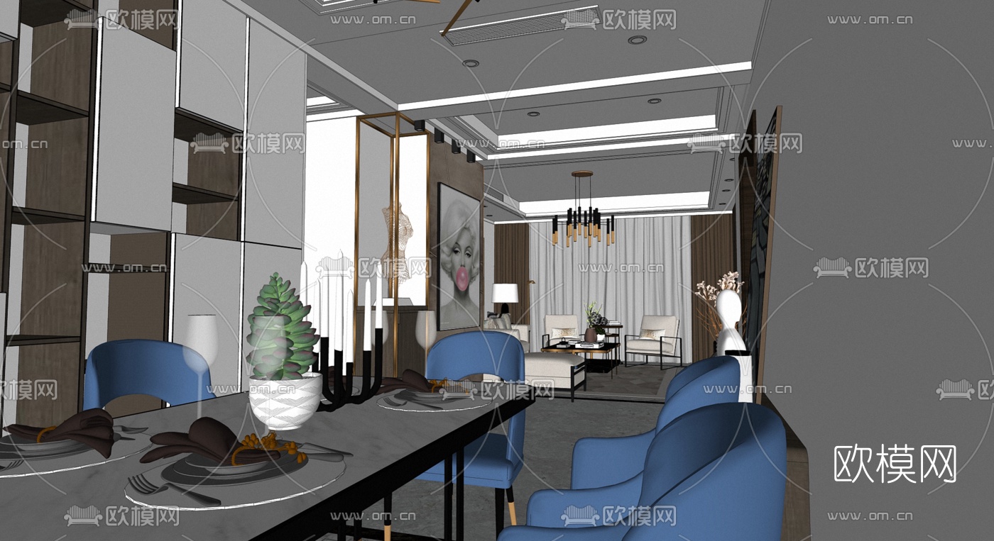现代轻奢客餐厅su模型下载（渲染图3）