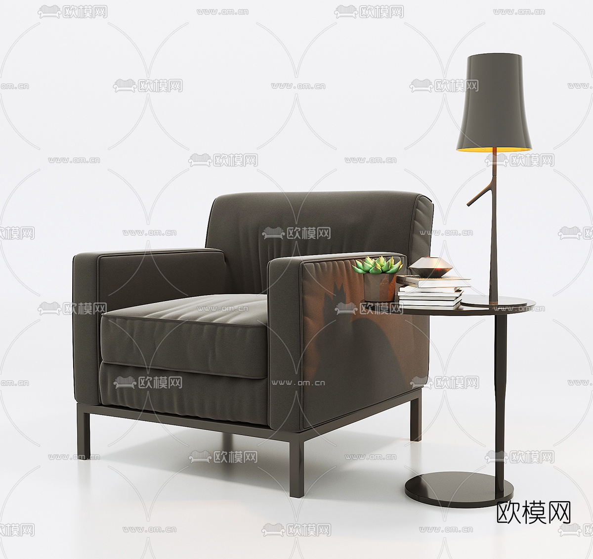 北欧休闲单人沙发圆几摆件组合3D模型下载