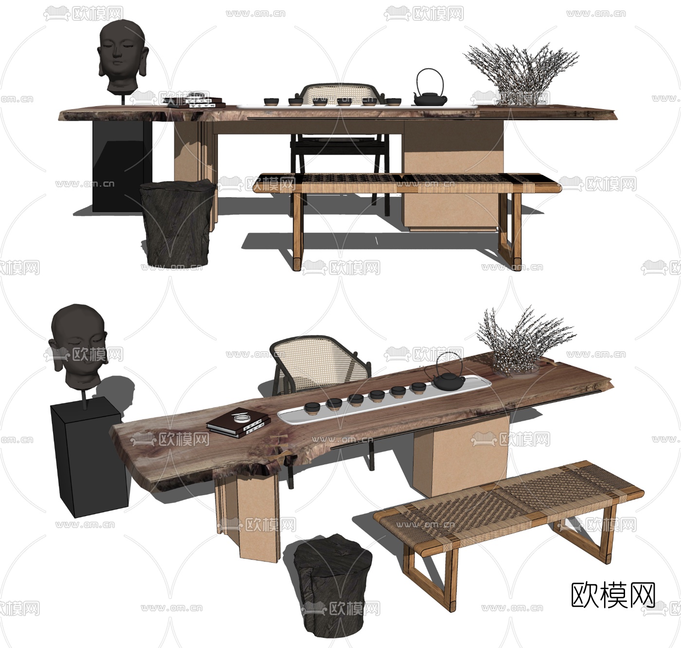 新中式实木茶桌椅su模型