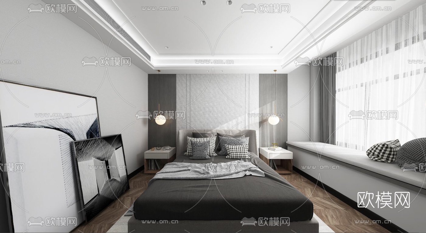 现代简约卧室全景3d模型-免费3dmax模型库-欧模网
