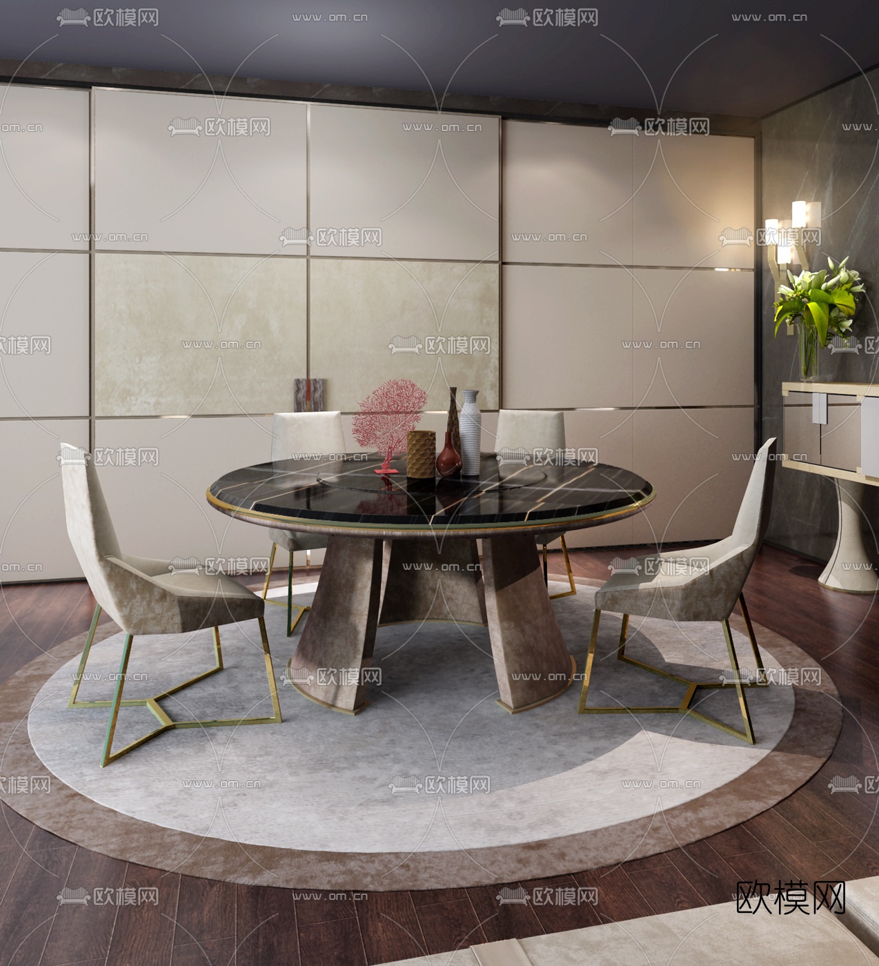 意大利LONGHI品牌 现代圆桌餐桌椅3D模型下载（渲染图1）