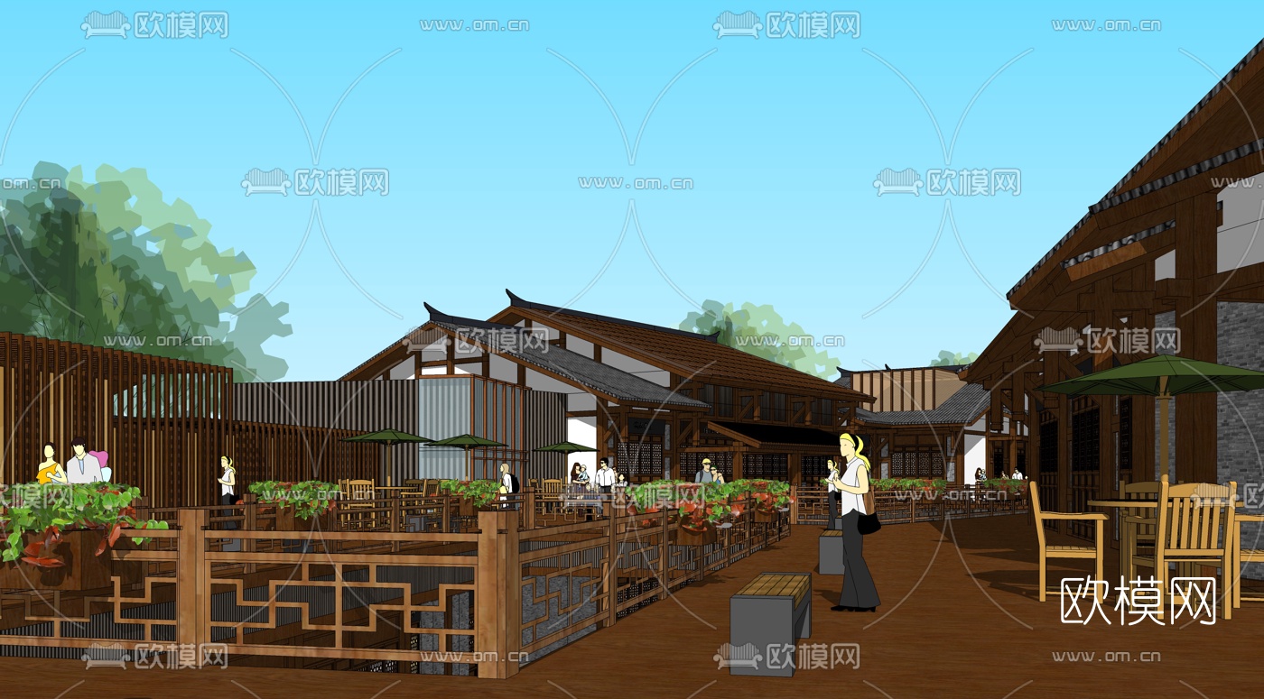 中式商业街规划su模型下载（渲染图1）