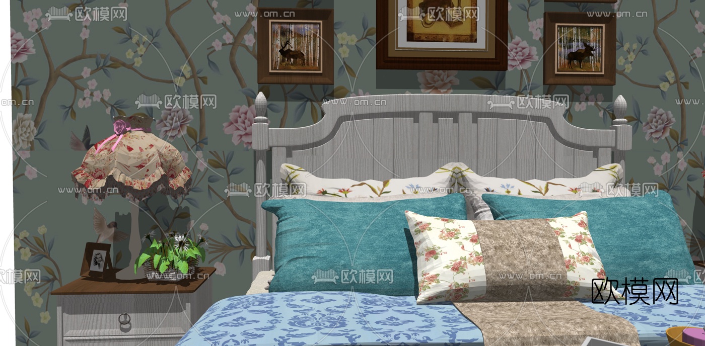 美式田园风双人床su模型下载（渲染图3）