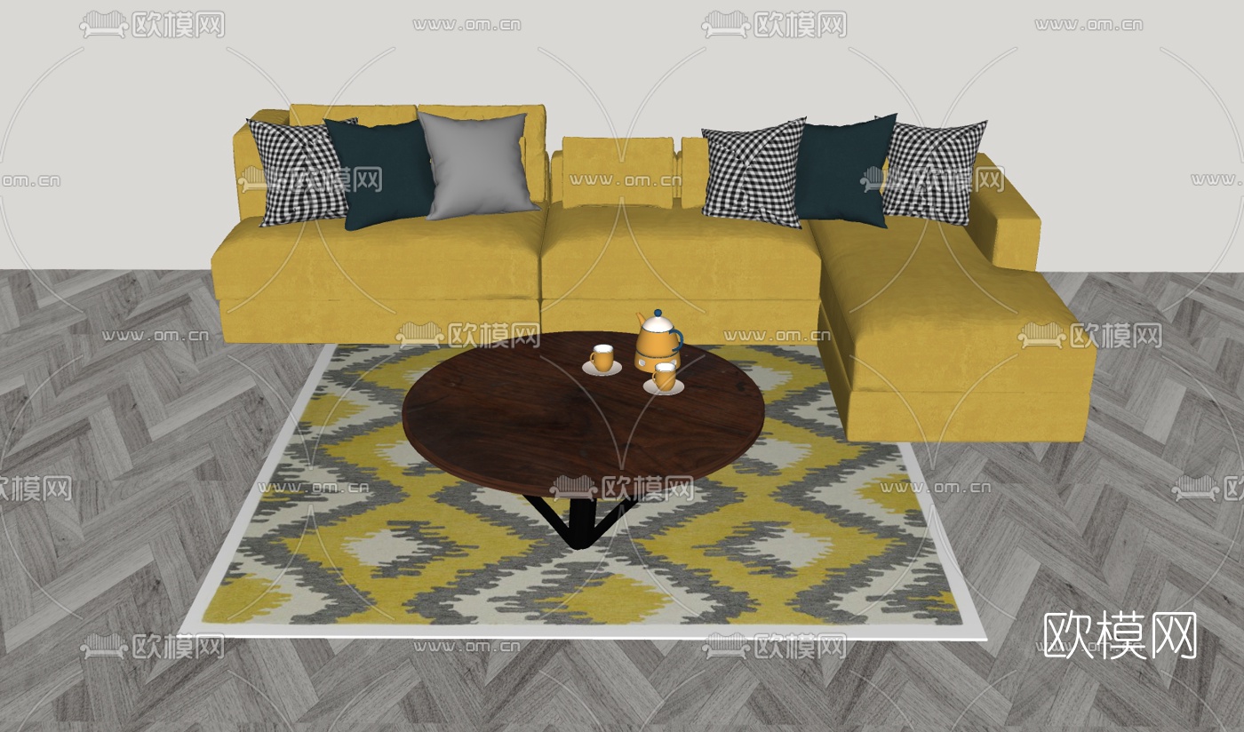 现代布艺多人转角沙发组合免费su模型下载