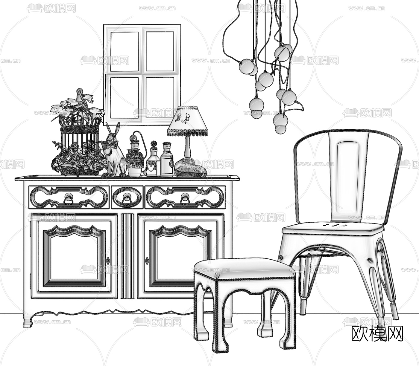 工业风边柜单椅吊灯组合3d模型下载（渲染图4）