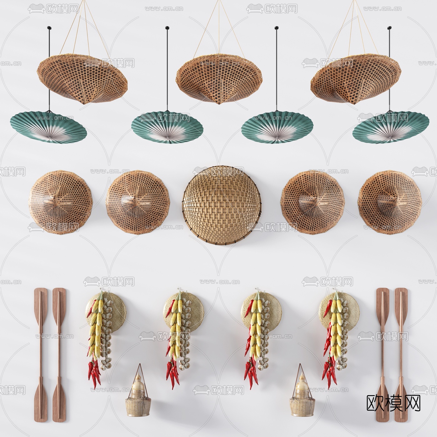 自然风农庄斗笠油子伞挂件组合3D模型下载